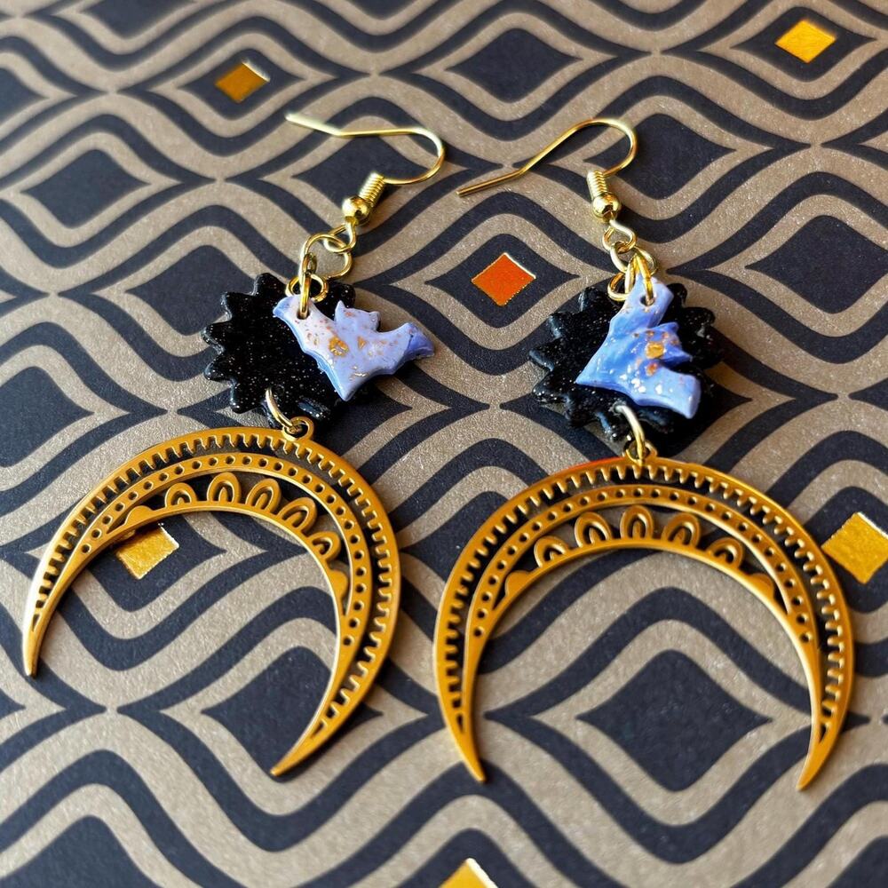 Bat Moon Clay Earrings: Celestial Fall Jewelry